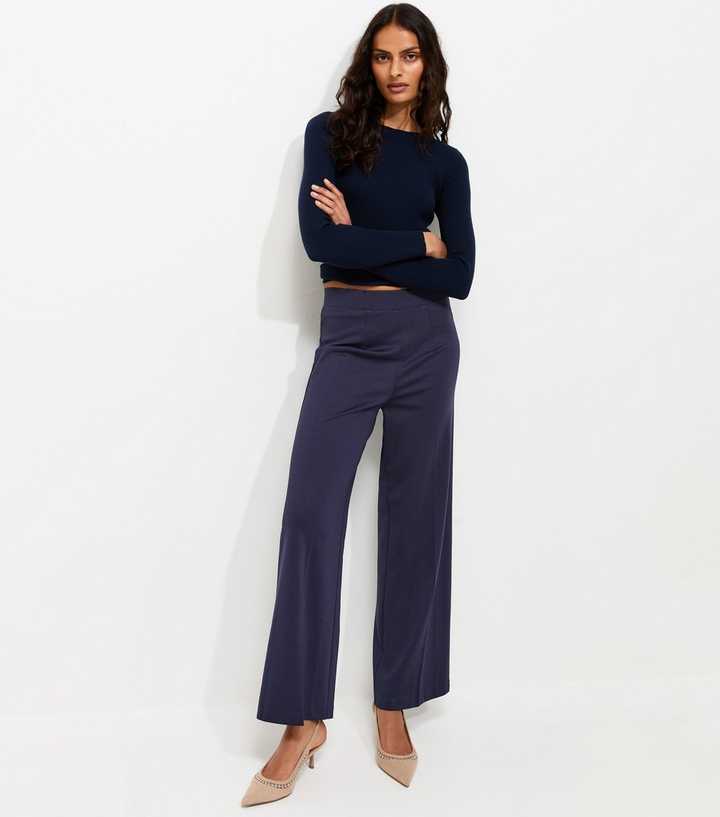 Navy Jersey Wide Leg Trousers