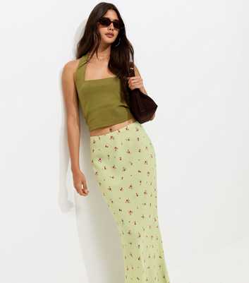 Green Floral Ditsy Print Bias Cut Midi Skirt