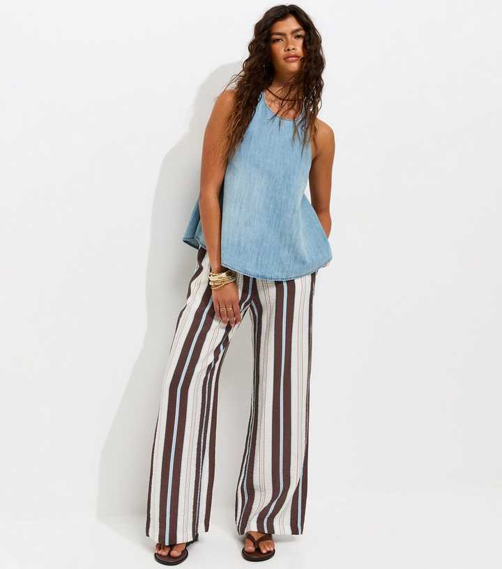 Blue Crinkle Texture Striped Wide Leg Trousers