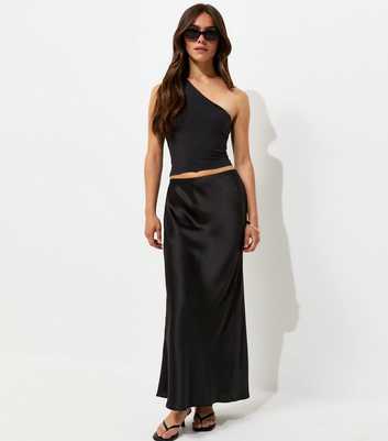 Petite Black Satin Bias Cut Midi Skirt
