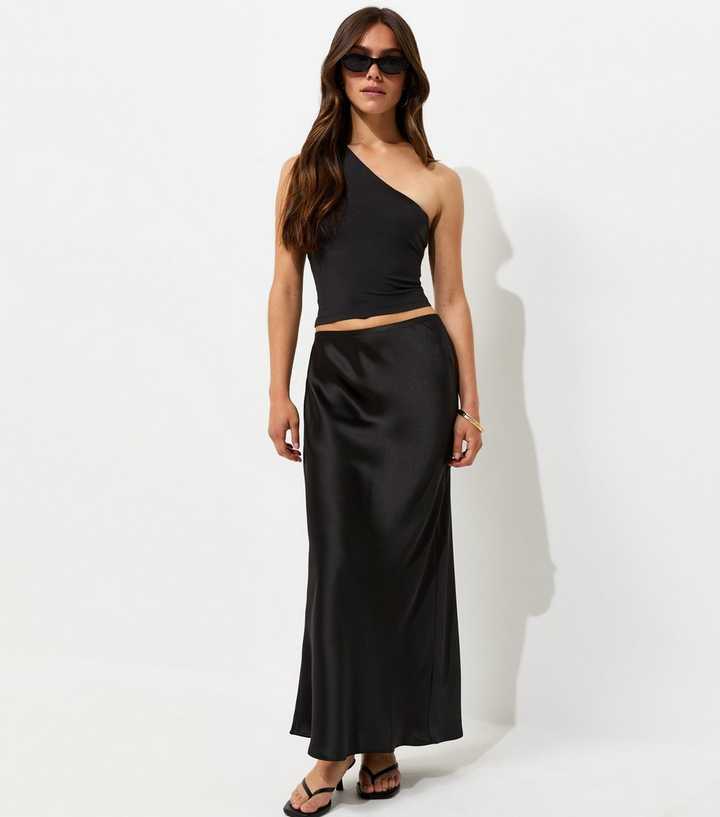Petite Black Satin Bias Cut Midi Skirt