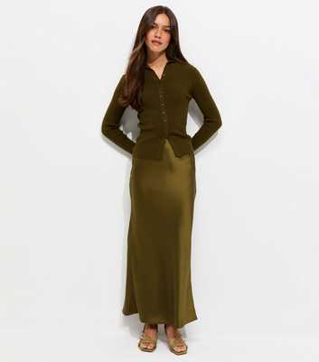 Petite Dark Khaki Satin Bias Cut Midi Skirt