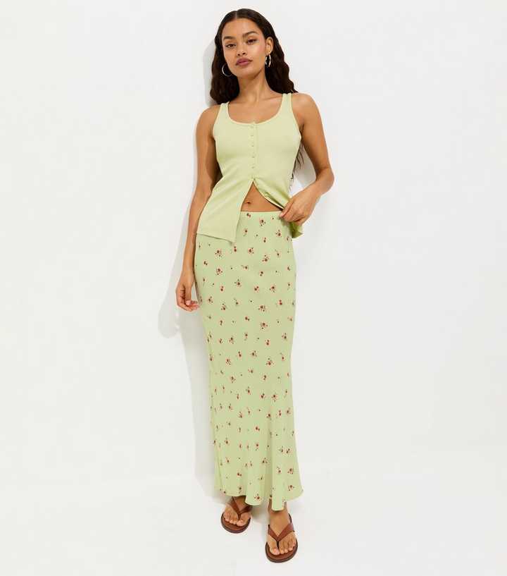Petite Green Ditsy Floral Print Bias Cut Midi Skirt