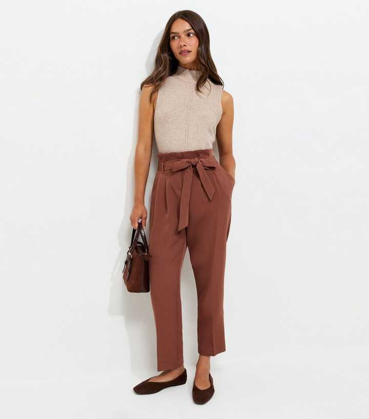 Petite Dark Brown Woven Paperbag Waist Trousers