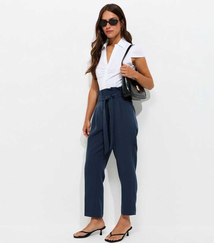 Petite Navy Woven Paperbag Waist Trousers