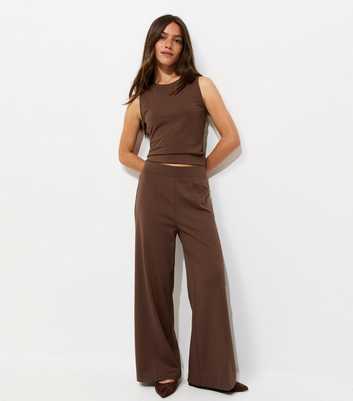 Petite Dark Brown Jersey Wide Leg Trousers