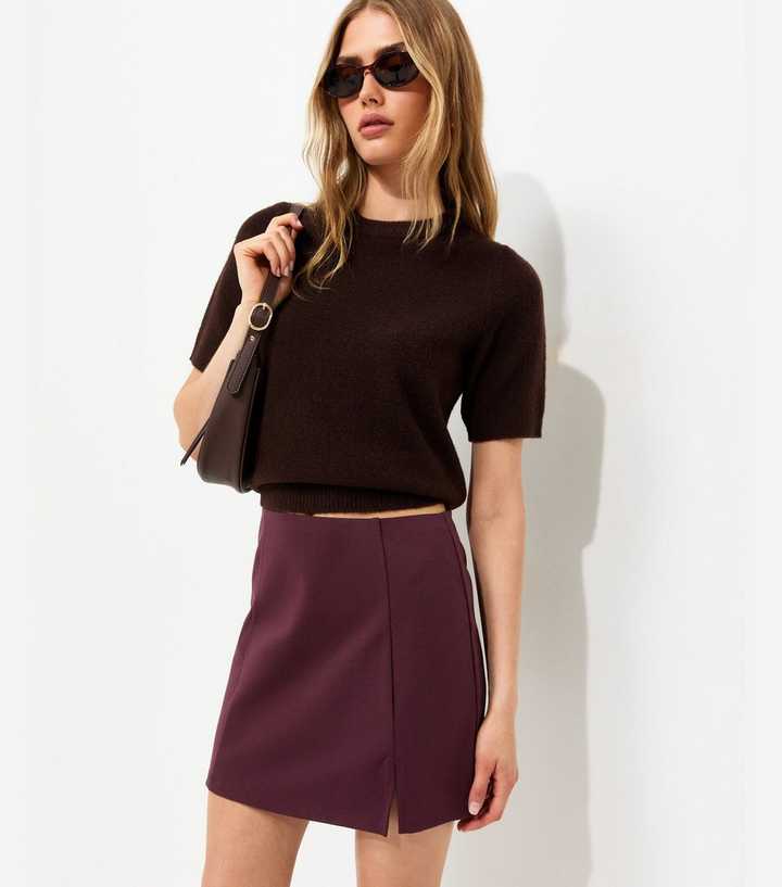 Dark Burgundy Jersey Front Split Front Mini Skirt
