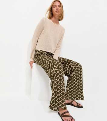Green Crinkle Texture Geometric Print Wide Leg Trousers