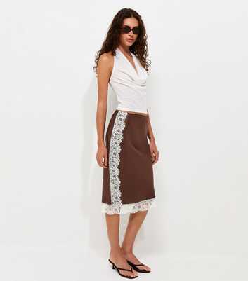 Dark Brown Satin Lace Trim Midi Skirt