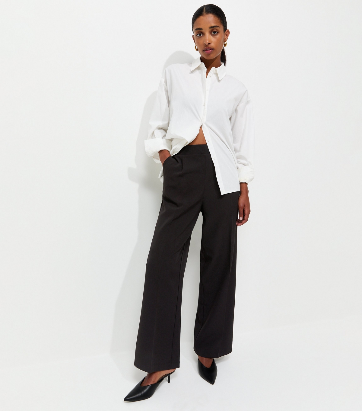 Women's Black Woven Straight Leg Pull On Trousers New Look