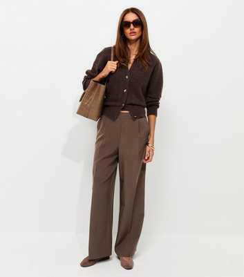 Dark Brown Woven Straight Leg Pull On Trousers