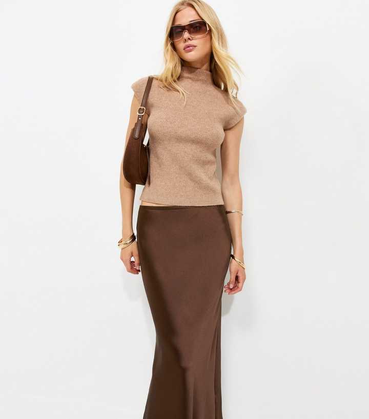 Brown Satin Bias Cut Midi Skirt