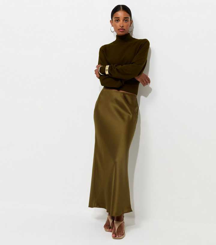 Dark Khaki Satin Bias Cut Midi Skirt