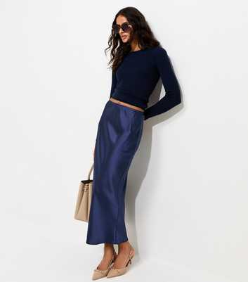 Navy Satin Bias Cut Midi Skirt