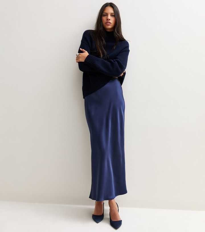 Navy Satin Bias Cut Midi Skirt