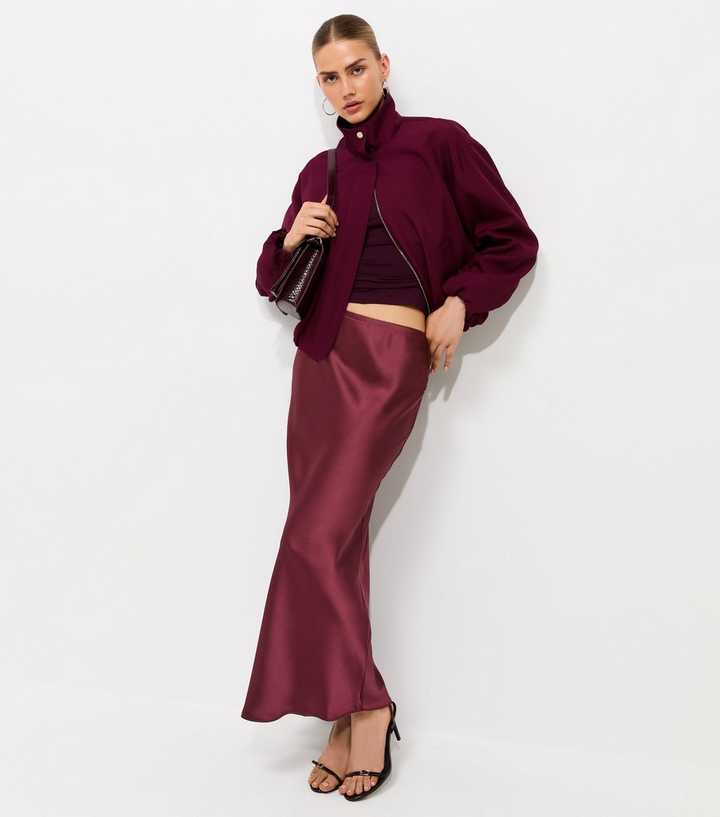 Dark Burgundy Satin Bias Cut Midi Skirt