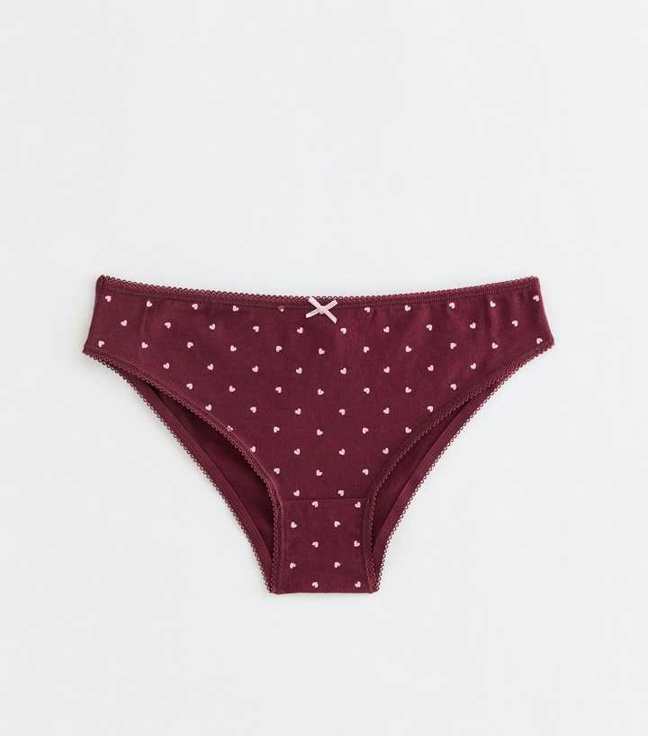 Girls Dark Burgundy Cotton Rich Heart Print Briefs