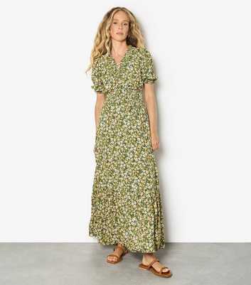 Apricot Khaki Floral Print V-Neck Maxi Dress