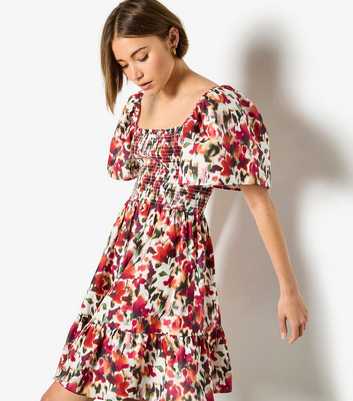 Apricot Red Floral Puff Sleeve Mini Dress