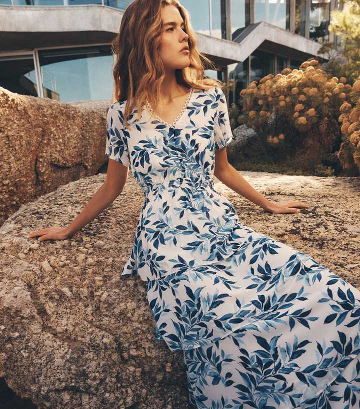 Apricot Blue Leaf A-line Ruffle Dress