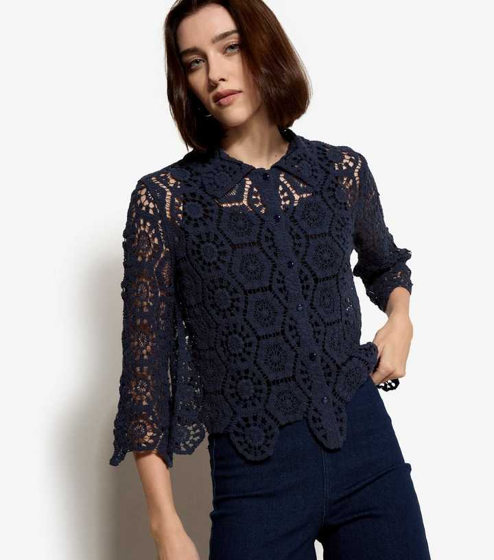 Apricot Navy Crochet Shirt Top