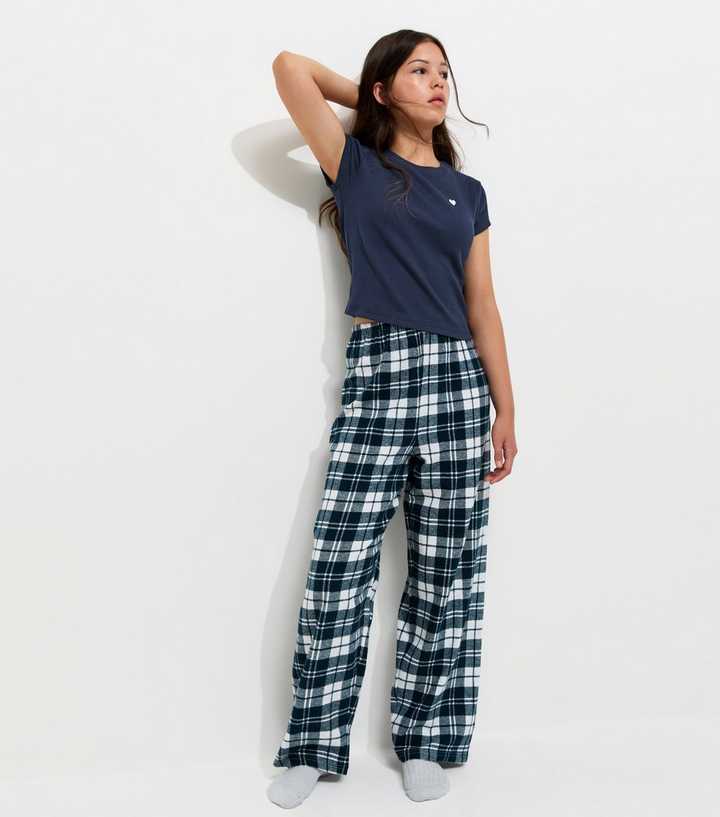 Girls Navy Checked Wide Leg Pyjama Set
