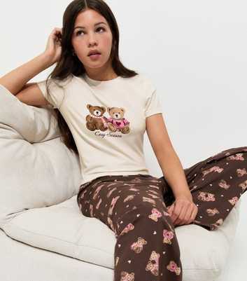 Girls Cotton Rich Brown Bear Print Wide Leg Pyjama Set