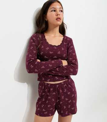 Girls Dark Burgundy Cotton Rich Bow Pointelle Pyjama Shorts Set