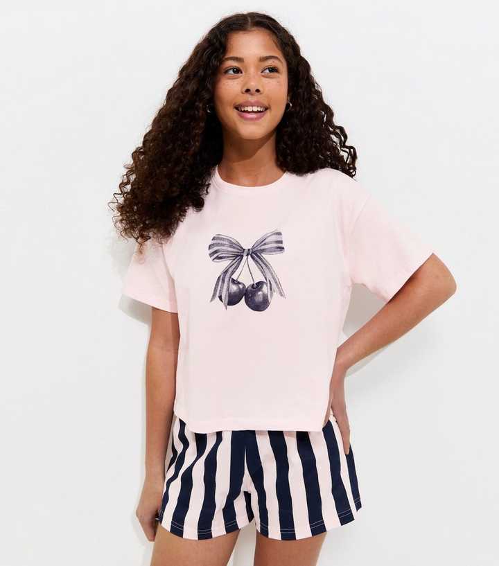 Girls Light Pink Cotton Cherry Stripe Pyjama Shorts Set