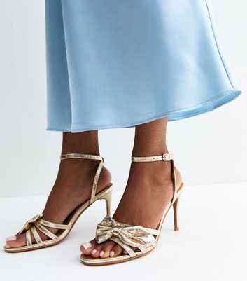 Wide Fit Gold Cracked Faux Leather Bow Strap Sandals