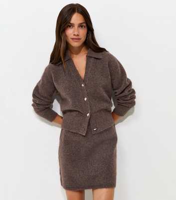 Petite Dark Mink Knitted Sculpted Button Collared Cardigan with Wool