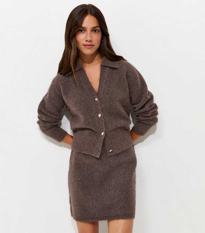 Petite Dark Mink Knitted Sculpted Button Collared Cardigan with Wool