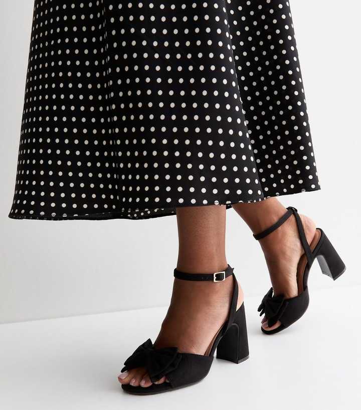 Wide Fit Black Faux Suede Bow Block Heel Sandals