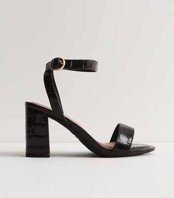 Wide Fit Dark Brown Crocodile Embossed Block Heel Sandals