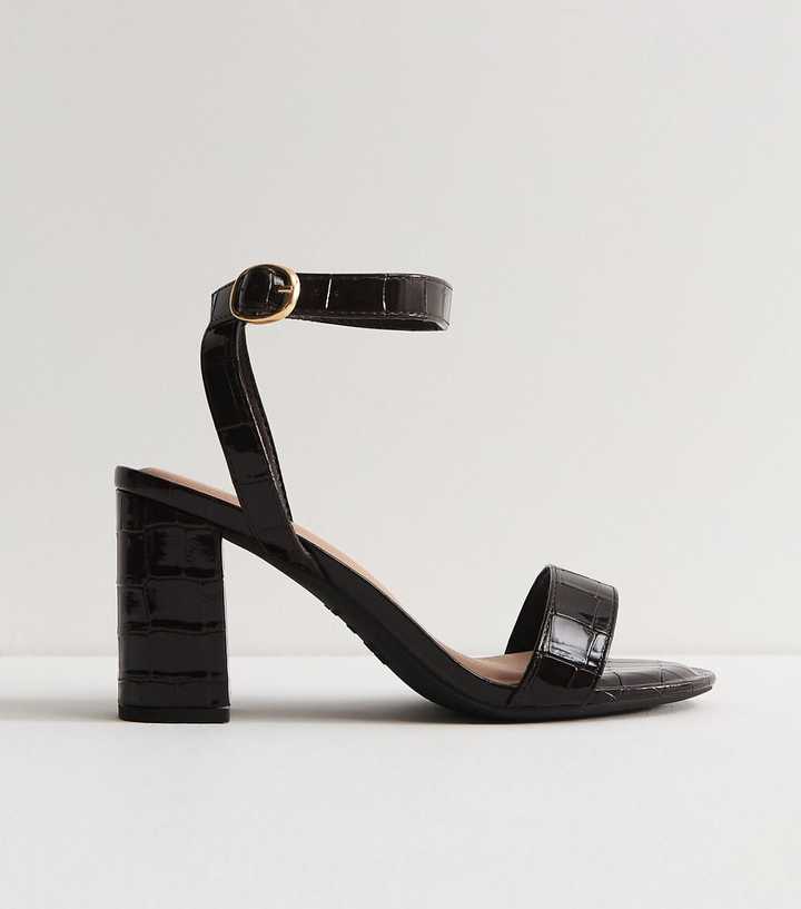 Wide Fit Dark Brown Crocodile Embossed Block Heel Sandals