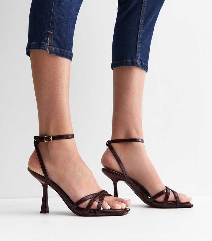 Wide Fit Dark Burgundy Faux Leather Strappy Stiletto Sandals