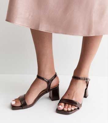 Wide Fit Dark Brown Patent Faux Leather Block Heel Sandals