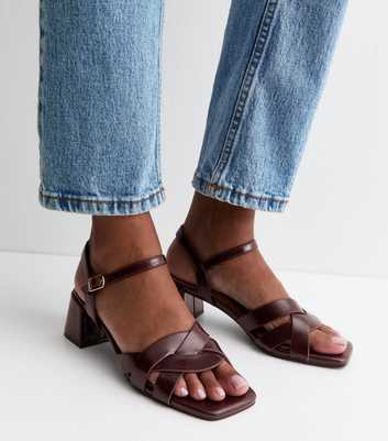 Dark Burgundy Faux Leather Interwoven Strap Block Heel Sandals