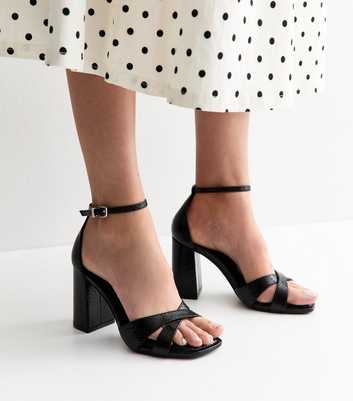 Black Faux Leather Crossover Strap High Block Sandals