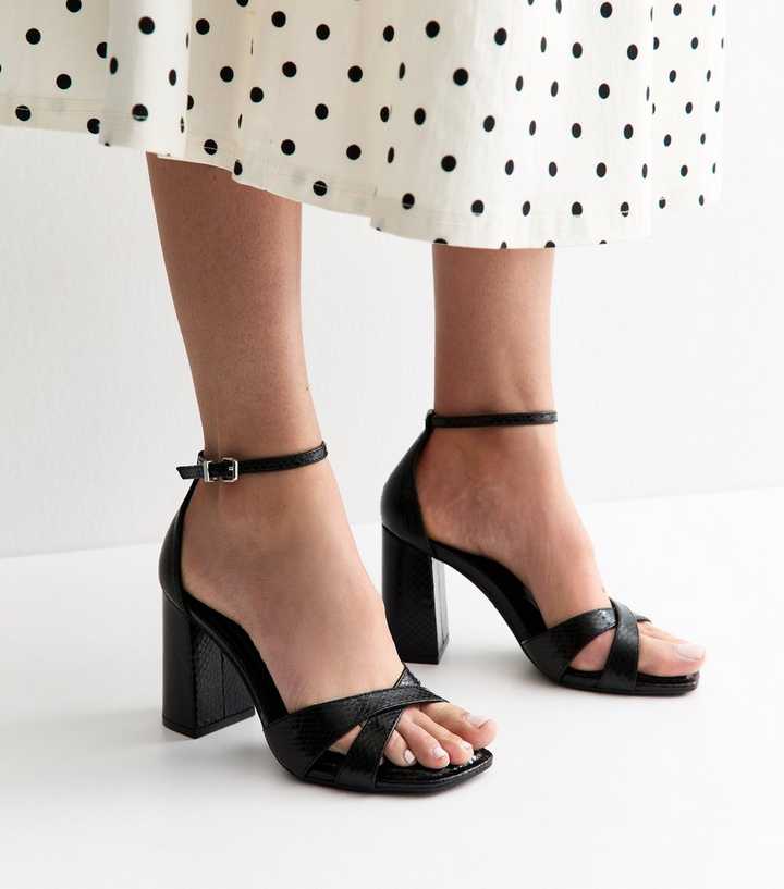 Black Faux Leather Crossover Strap High Block Sandals