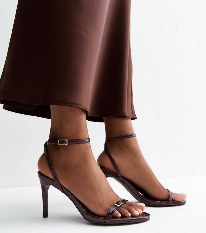 Dark Burgundy Faux Leather Buckle Strap Stiletto Sandals
