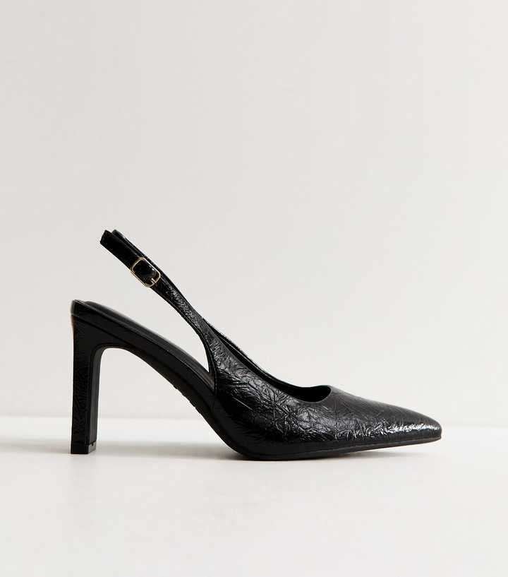 Black Patent Crinkled Faux Leather Slingback Court Shoes