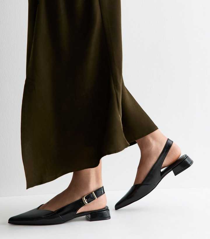 Black Faux Leather Pointed Toe Slingback Pumps