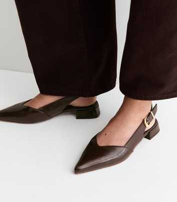 Dark Brown Faux Leather Pointed Toe Slingback Pumps