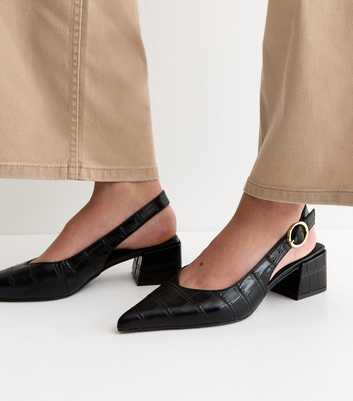 Wide Fit Black Faux Leather Crocodile Embossed Block Heel Pumps