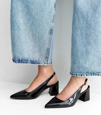 Wide Fit Black Faux Patent Leather Slingback Pumps