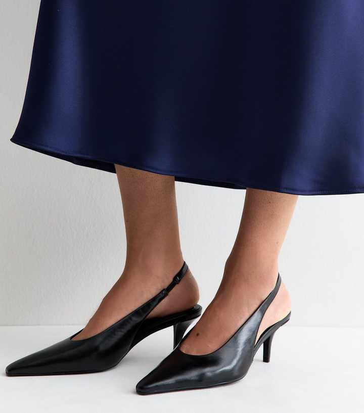 Black Faux Leather Pointed Toe Slingback Pumps