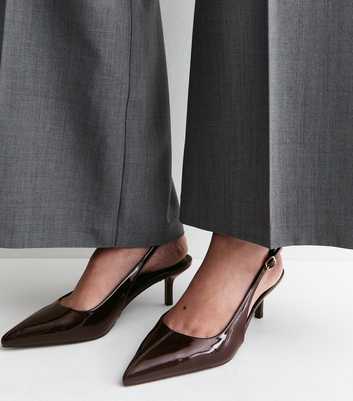 Wide Fit Dark Brown Patent Faux Leather Slingback Pumps