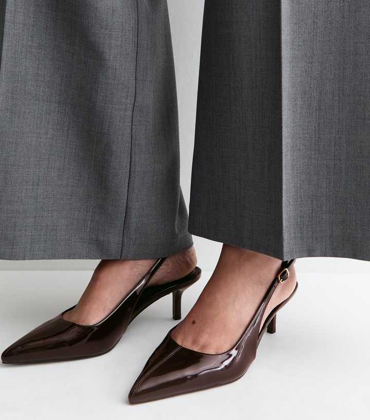 Dark Brown Patent Faux Leather Slingback Pumps