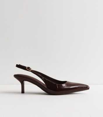 Wide Fit Dark Brown Patent Faux Leather Slingback Pumps